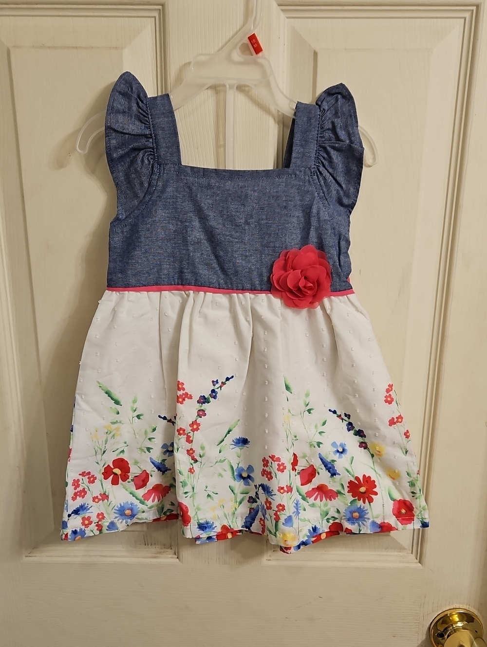 Girls Blue Chambray & White Floral Dress with Pink Flower